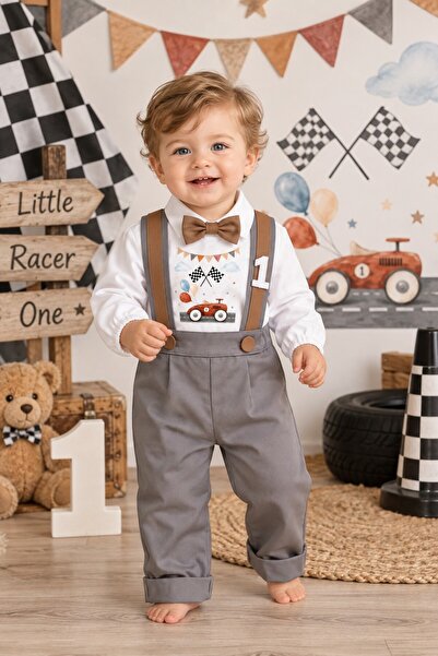 Feriatolye Car Concept Boys Birthday Pants Salopet Long Sleeve Shirt Bow Tie Set