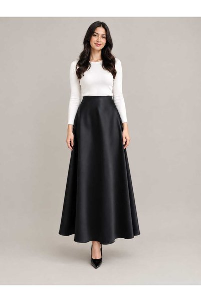 ALMADA MODA STYLE YANDAN GİZLİ FERMUARLI SATEN KLOŞ ETEK
