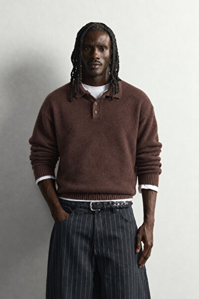 king brich Men's Polo Collar Buttoned Oversize Wool Blend Knitwear Sweater