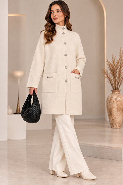 CNR TEKSTİL Women's Angora Stone Buttoned Double Pocket Long Knitwear Jacket