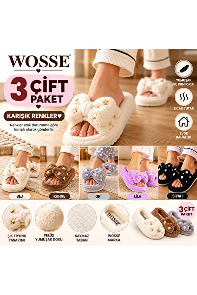 WOSSE 3 Çift Peluş Fiyonklu Ev Terliği – Karışık Renk