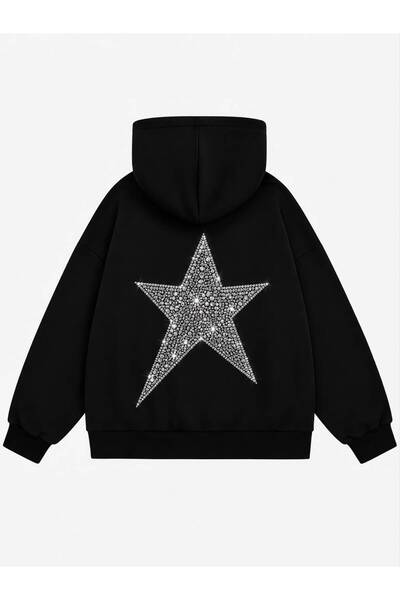 Mad&Calf Kadın Star Taş Baskılı Kapüşonlu Oversize Sweatshirt