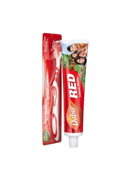 Dabur Periuță de dinți roșie + Pastă de dinți pe bază de plante 200 g