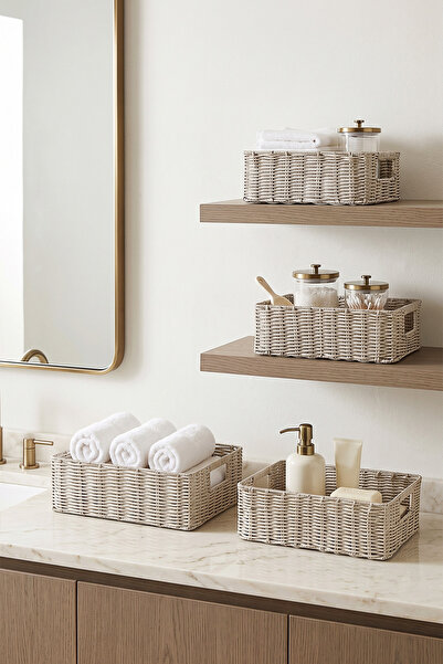 Ocean Home Textile 4'lü Yıkanabilir Gri PP Rattan Dolap İçi Çamaşır Çocuk Odası Oyuncak Düzenleyici Saklama Sepeti Organizer