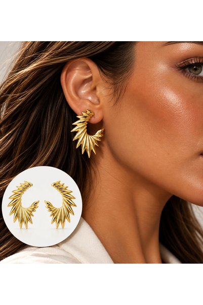 POSEİDONS JEWELLERY Women's Gold Leaf Patterned Large Half Hoop Earrings – Mo...