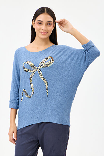 della moor Women's Blue Italian Ribbon Pattern Sequined Lycra Oversize Knitwe...
