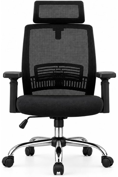 THE RED CREW Comfy-H Ergonomic High-Back Office Chair with Adjustable Headrest, Lumbar Support, Height-Adjustable Armrests, Knee-Tilt Mechanism, Chrome Five-Star Base, Black, 2-Year