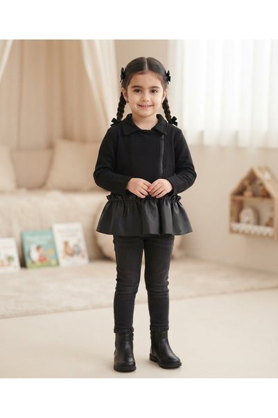 kokosh _ kidss burcu sapmaz Girl's Leather Detailed Seasonal Zip-Up Cardigan