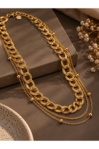 serelya Gold Color Brass Chain Model Combination Women's Necklace