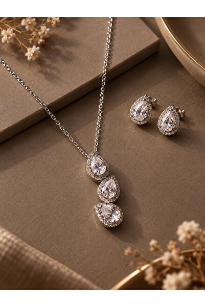 serelya 316L Steel Chain Silver Color Zircon Stone Drop Model Women's Necklac...