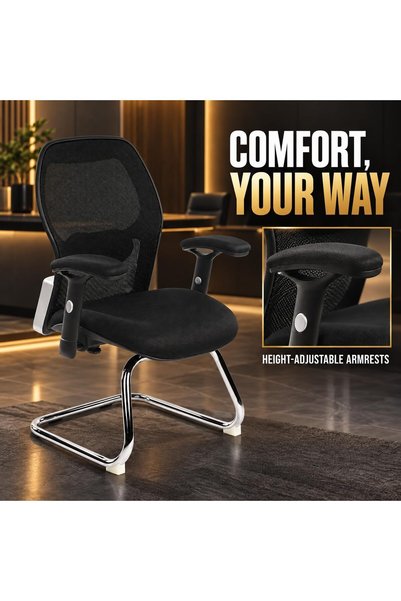 THE RED CREW Writing Ergo-V Ergonomic Visitor Chair, Black Mesh Back, Integrated Lumbar Support, Height-Adjustable Armrests, High-Density PU Foam Seat, Chrome Cantilever Frame, 2-Year