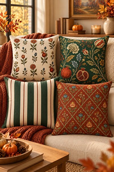 Tilda BSC. & Home Kırlent Kılıfı Heritage Botanik 4’lü Set, Nar ve Çiçek Dese...