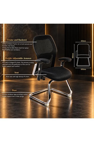 THE RED CREW Writing Ergo-V Ergonomic Visitor Chair, Black Mesh Back, Integrated Lumbar Support, Height-Adjustable Armrests, High-Density PU Foam Seat, Chrome Cantilever Frame, 2-Year