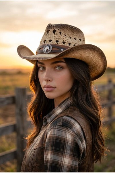 GİYU SHOP Women's Internal Adjustable Hard Straw Design Cowboy Hat Fedora Hat