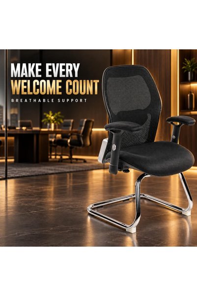 THE RED CREW Writing Ergo-V Ergonomic Visitor Chair, Black Mesh Back, Integrated Lumbar Support, Height-Adjustable Armrests, High-Density PU Foam Seat, Chrome Cantilever Frame, 2-Year