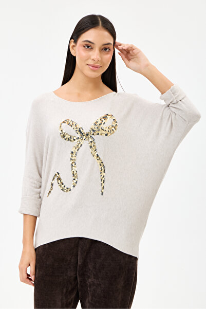 della moor Women's Beige Italian Ribbon Pattern Sequined Lycra Oversize Knitw...