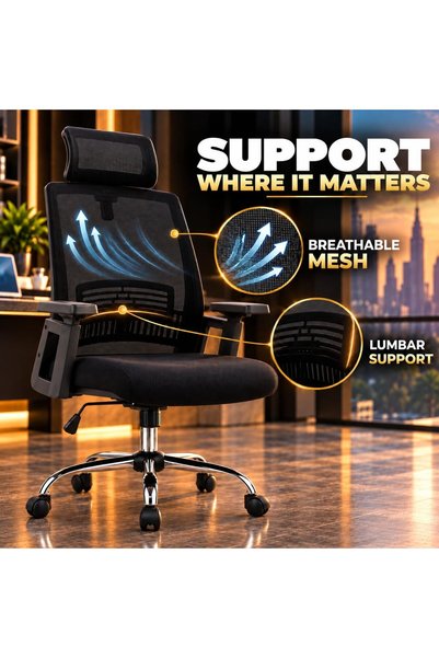 THE RED CREW Comfy-H Ergonomic High-Back Office Chair with Adjustable Headrest, Lumbar Support, Height-Adjustable Armrests, Knee-Tilt Mechanism, Chrome Five-Star Base, Black, 2-Year