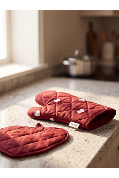 LC Waikiki Lcw Home Red Heart Patterned Women's Oven Gloves and Mitts