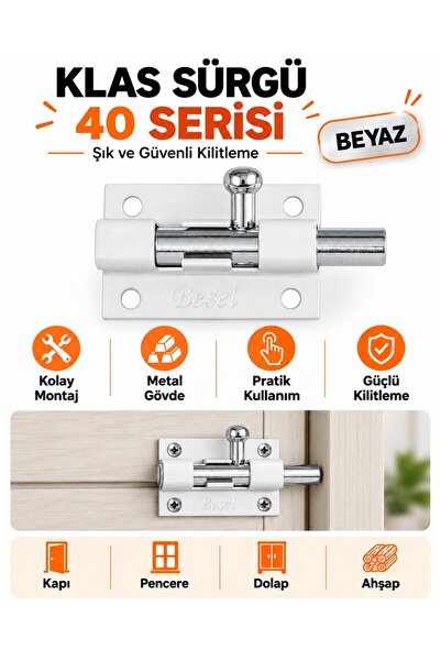 Klas Sürgü 40 Serisi Metal Kapı Pencere Dolap Sürgü Kilidi 4 Vidalı Pratik Kilitleme Aparatı
