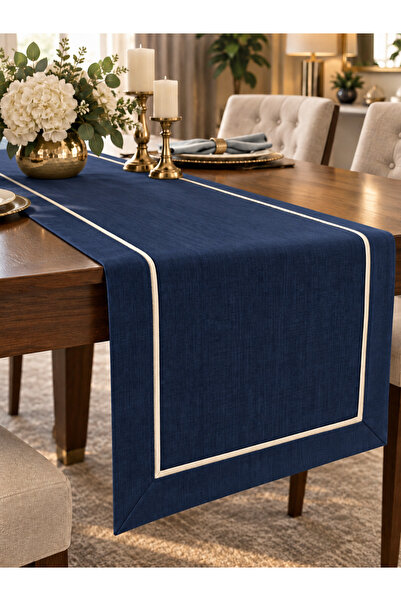 Zeren Home Cream Piping Decorative Linen Look Navy Blue Runner 40X150
