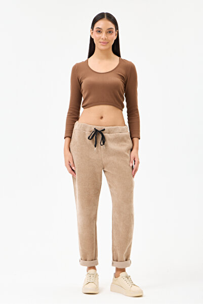 della moor Women's Camel Italian Waist Lace-Up Lycra Velvet Trousers Size 40 ...