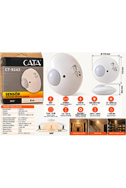 CT-9243 360° Tavan Tipi Infrared Hareket Sensörü 8 Metre 1200W
