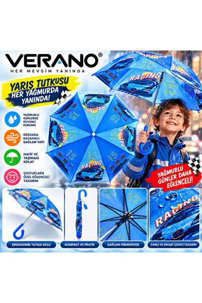 Verano Çocuk Şemsiyesi Yarış Arabalı Mavi – Eğlenceli Desenli, Çocuklara Özel...