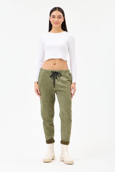 della moor Women's Khaki Italian Waist-Tie Narrow-Leg Lycra Suede Trousers, S...