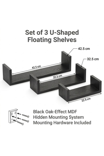 HYVESTO Set 3 Rafturi Suspendate de Perete din MDF Negru cu Aspect de Stejar ...