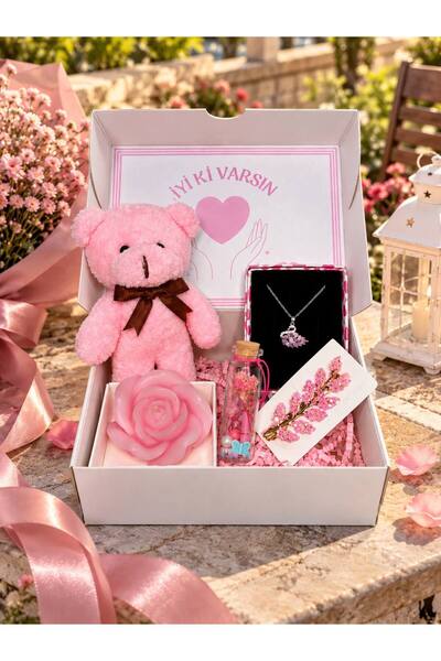 miraybutikhediyelikesya Pembe Hediye Kutusu Peluş Ayıcık Kuğu Kolye Gül Mum D...