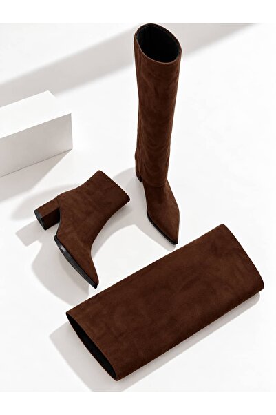 diclepolat Women's Brown Suede Leggings Detailed Boots with Detachable Appara...