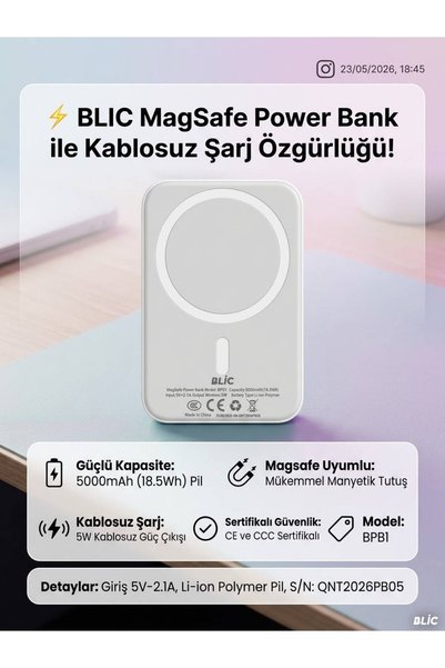 Lisinya BPB1 MagSafe Uyumlu 5000mAh Kablosuz Güç Bankası -