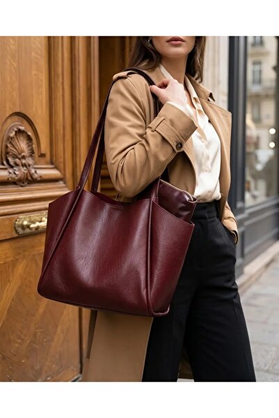 Lisinya Burgundy Soft Leather Shoulder Bag 31X24 cm Daily Women's Bag with Ex...