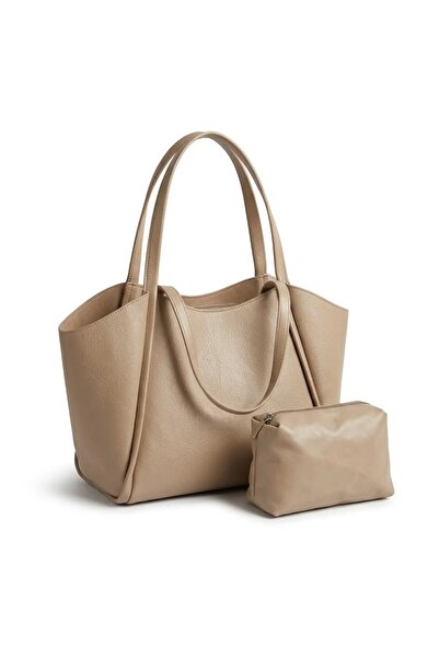 Lisinya Beige Soft Leather Shoulder Bag 31X24 cm Daily Women's Bag with Extra...