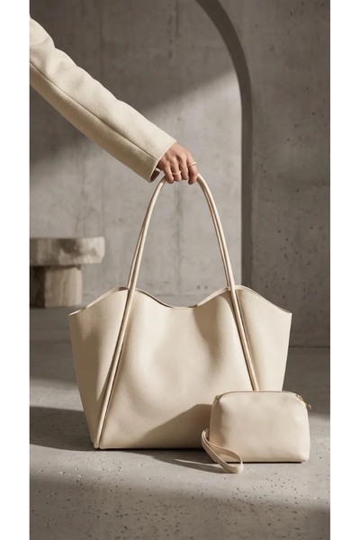 Lisinya Cream Soft Leather Shoulder Bag 31X24 cm Daily Women's Bag with Extra...
