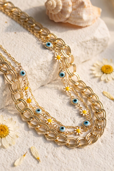 Lisinya Gold Color Milky Way Chain Daisy and Evil Eye Model Combination Women...