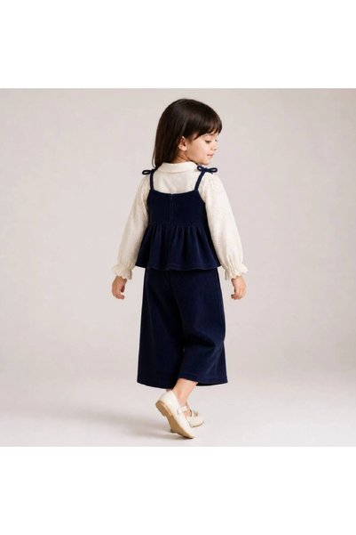 Karaniko Kids Pantaloni din catifea bleumarin pentru fete, din bumbac, pulover cu legături și cămașă cu detalii festonate, set din 3 piese