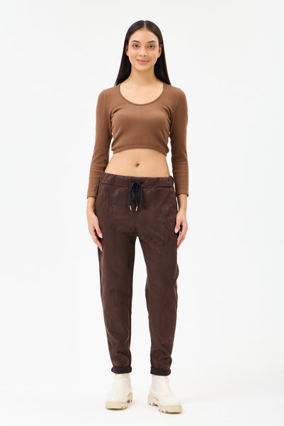 della moor Women's Brown Italian Waist-Tie Narrow-Leg Lycra Suede Trousers, S...