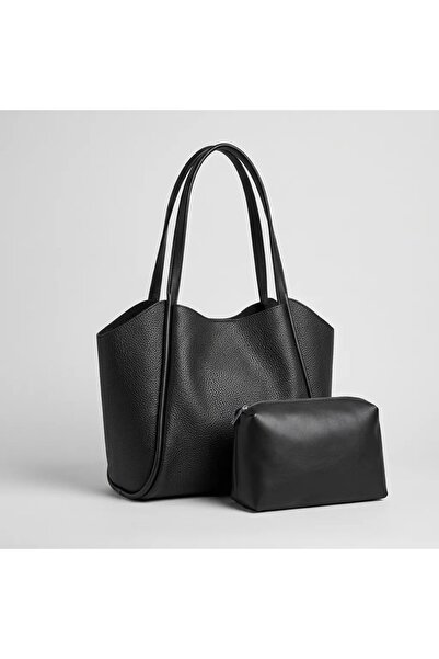 Lisinya Women's Black Soft Leather Shoulder Bag 30X25 cm with Extra Makeup Bag