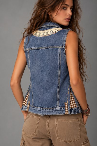 Boutique Juji DANTEL VE BONCUK DETAYLI DENİM KOT YELEK