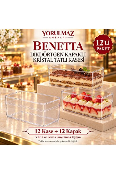 yorulmaz ambalaj Benetta Dikdörtgen Kapaklı Kristal Tatlı Kasesi 12’li – Şeff...