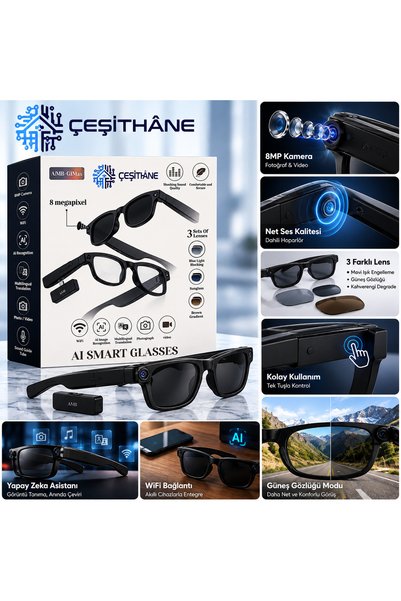 Çeşithane AI Akıllı Gözlük 8 MP Kameralı, WiFi, Fotoğraf Video Çekimi, Çoklu Dil Çeviri, 3 Lensli Set
