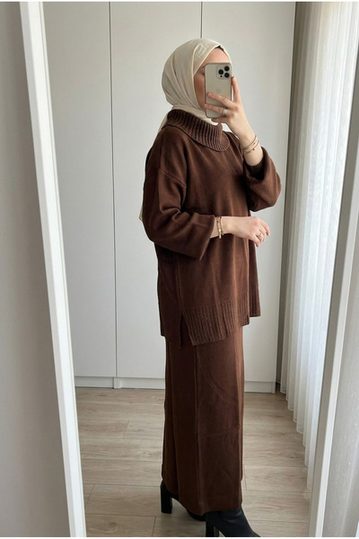 Kirazca Butik Kadın Simli Balıkçı Yaka Triko Tunik Uzun Etek İkili Takım