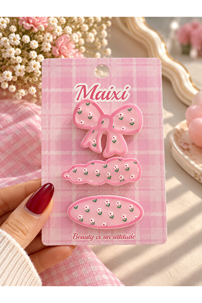 Lilith Takı Pink Floral Patterned Hair Clip Set – Bow, Oval and Wavy Model 3-...