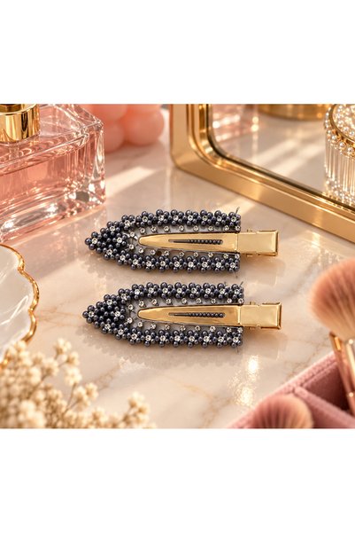 Lilith Takı Non-Marking Makeup Hair Clips, Pack of 2 – Black Pearl Stone Hair...