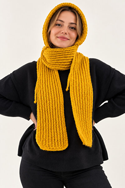 NEHOLİA Women's Hand-Knitted Hooded Scarf Neck Warmer – Mustard Yellow Long W...