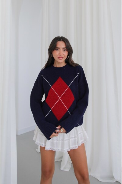 Havoş Navy Blue Elva Diamond Patterned Sweater