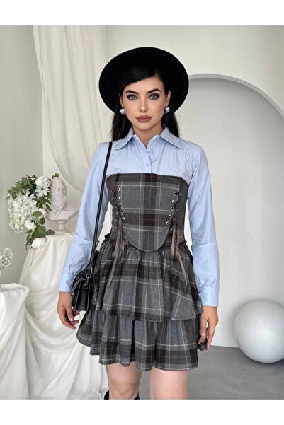Dilek Vardar Gri Ekose Bağcıklı Korse Detaylı Katlı Mini Elbise
