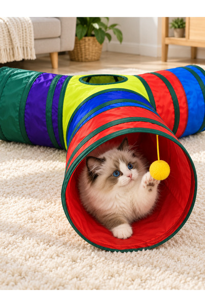 85x50 cm T Model Kedi Oyun Tüneli, 3 Yollu Katlanabilir Gökkuşağı Renkli Kedi Tüneli, Üst Pencereli Ponpon Toplu Ev İçi Oyun ve Saklanma Alanı, Yavru ve Yetişkin Kediler İçin Aktivite Oyuncağı