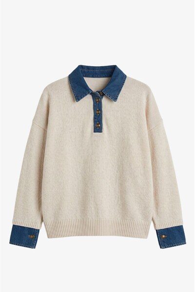 Havoş Cream Colored Sweater with Denim Detail on the Collar and Sleeves